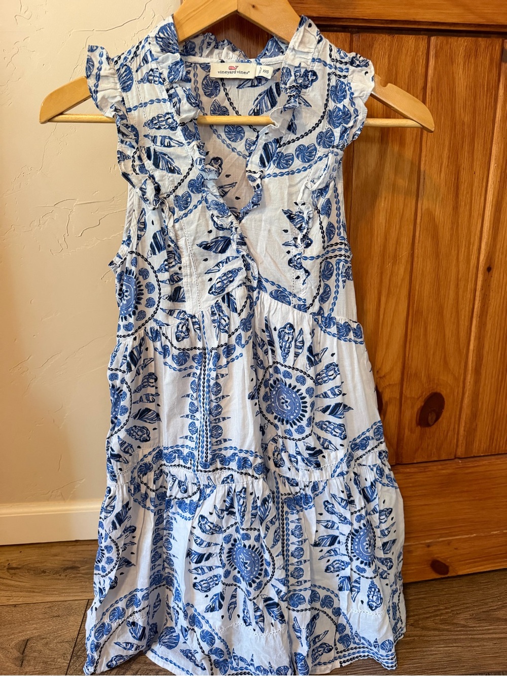Vineyard Vines Blue White Seashell Print Ruffle Tiered Dress Cover Up XXS EUC